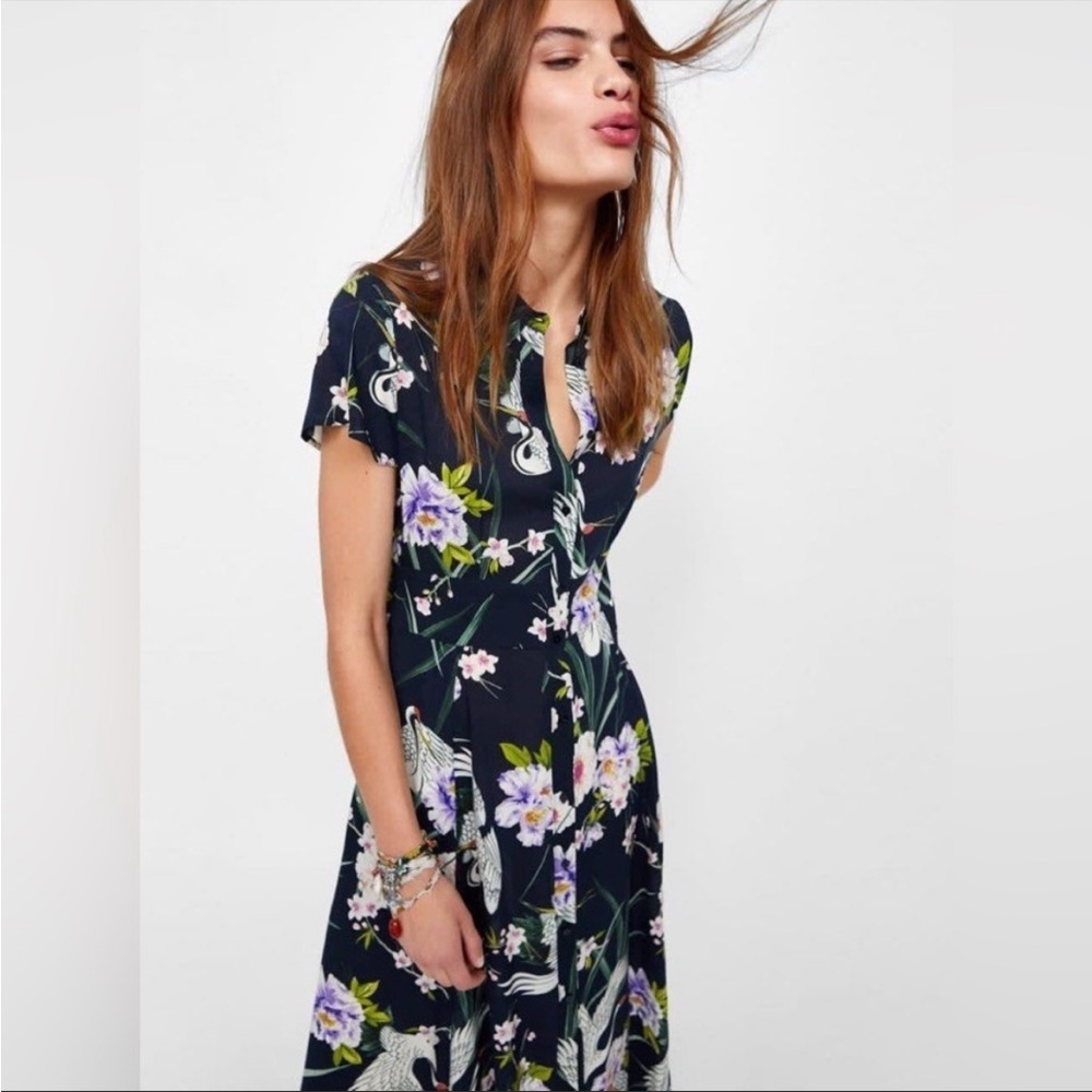 ZARA Navy Crane Print Button-down Maxi Dress Sz S New Floral Print - Picture 2 of 6